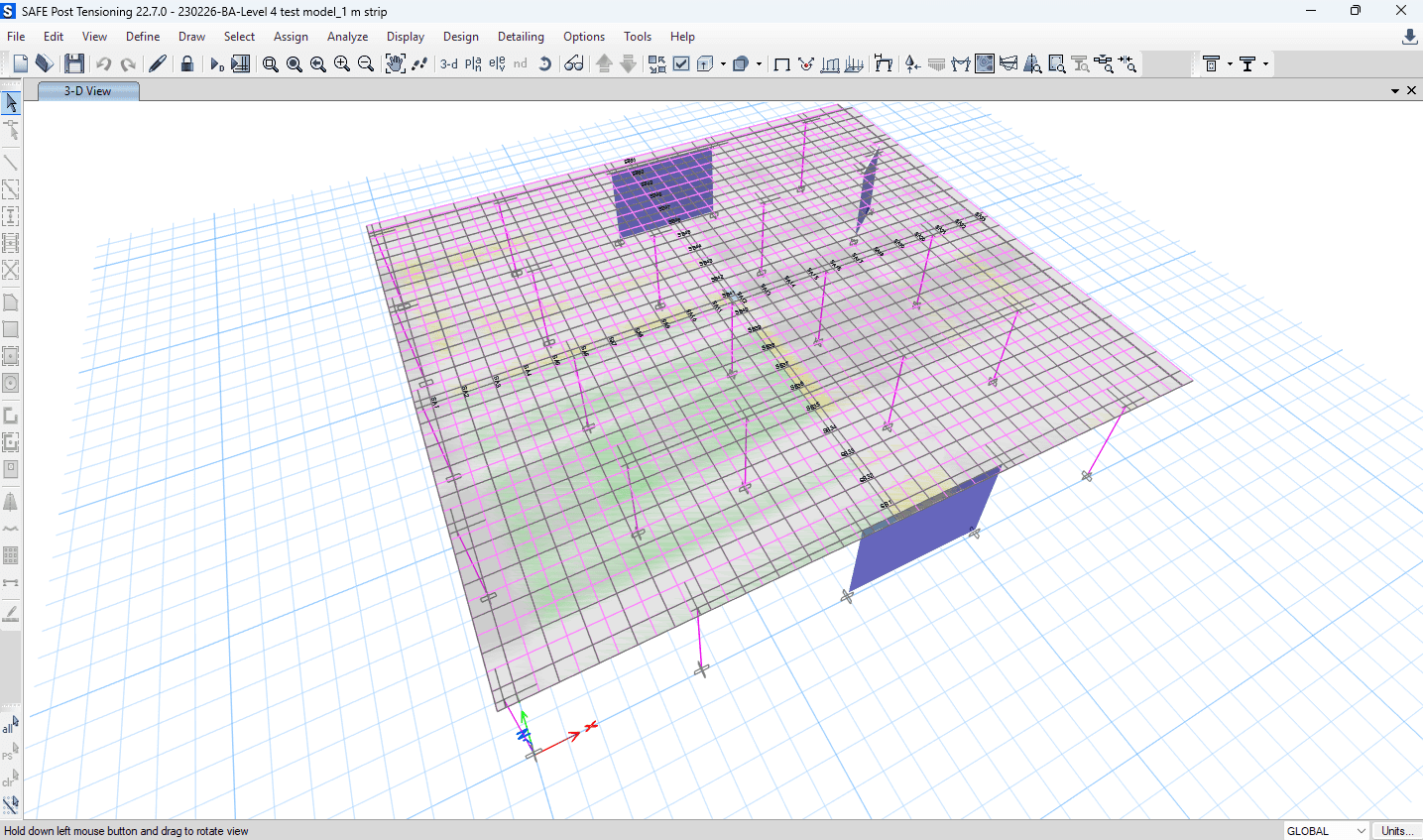 Slab plan with mesh and extra bars over the remaining-steel contour